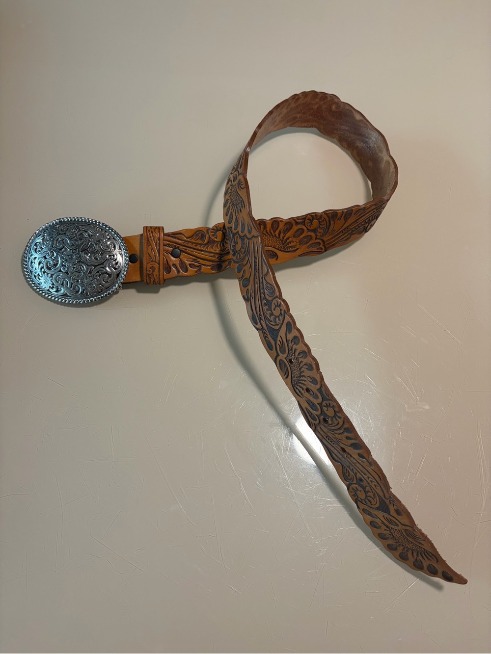 Tooled Leather Floral Western Belt with Decorative Silver Buckle - Brown